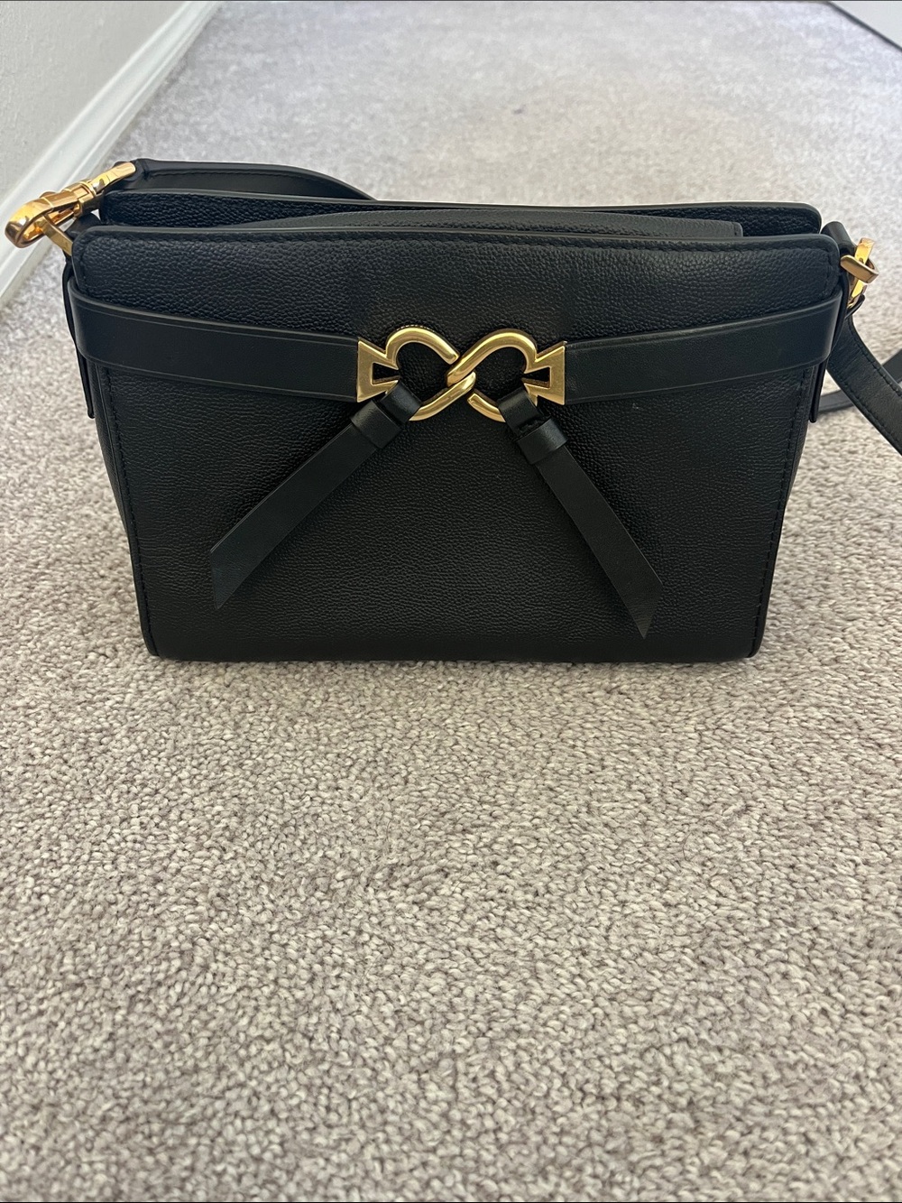 kate spade Black Pebbled Leather Crossbody with Gold Bow Motif